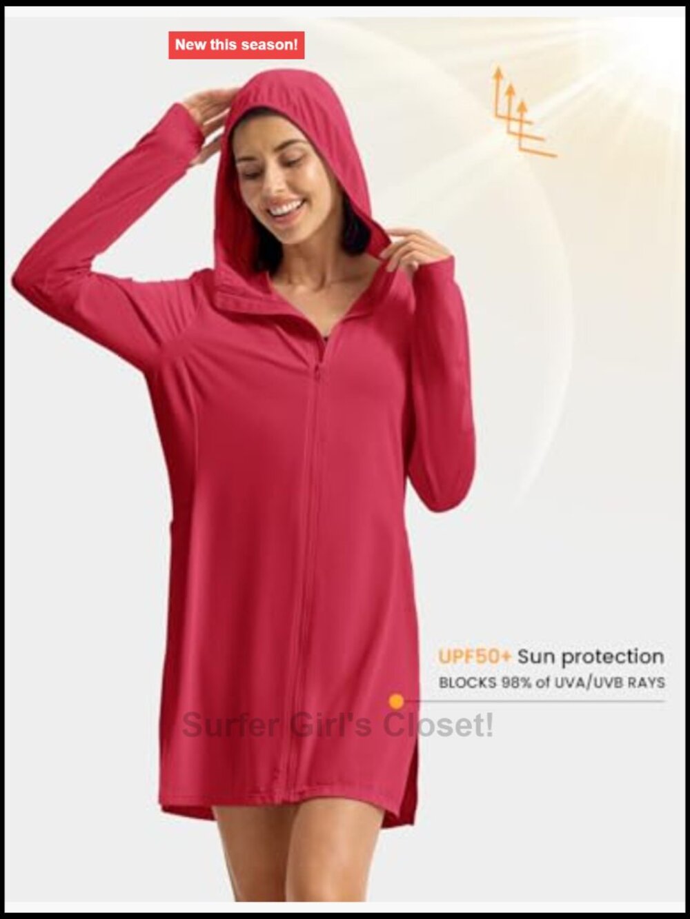 UPF50+ Long Sleeve Swim Cover Up Quick Dry Zip Hooded Beach Shirt - Picture 3 of 7
